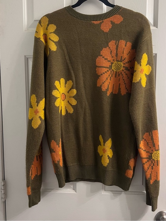 Super Massive Sweaters - Olive Floral Crewneck Sweater Yellow & Orange Flower Motif Knit Retro Hippie L